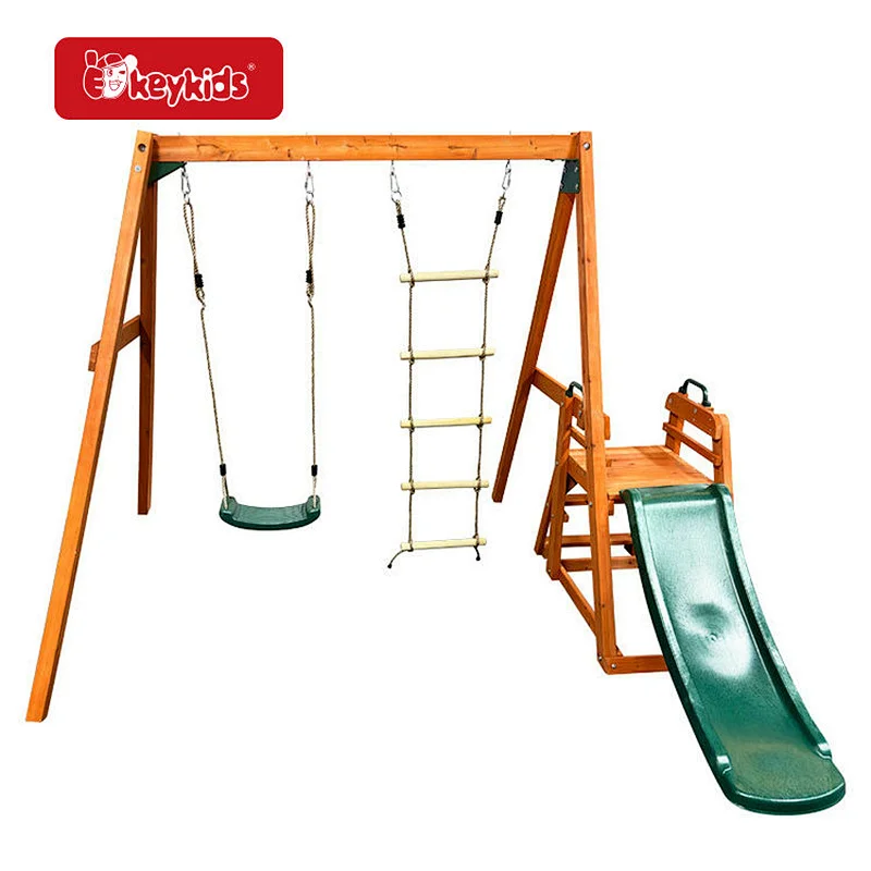 Kids Backyard Playground Equipment 3 in 1 Wooden Swing Set with Slide W01D278