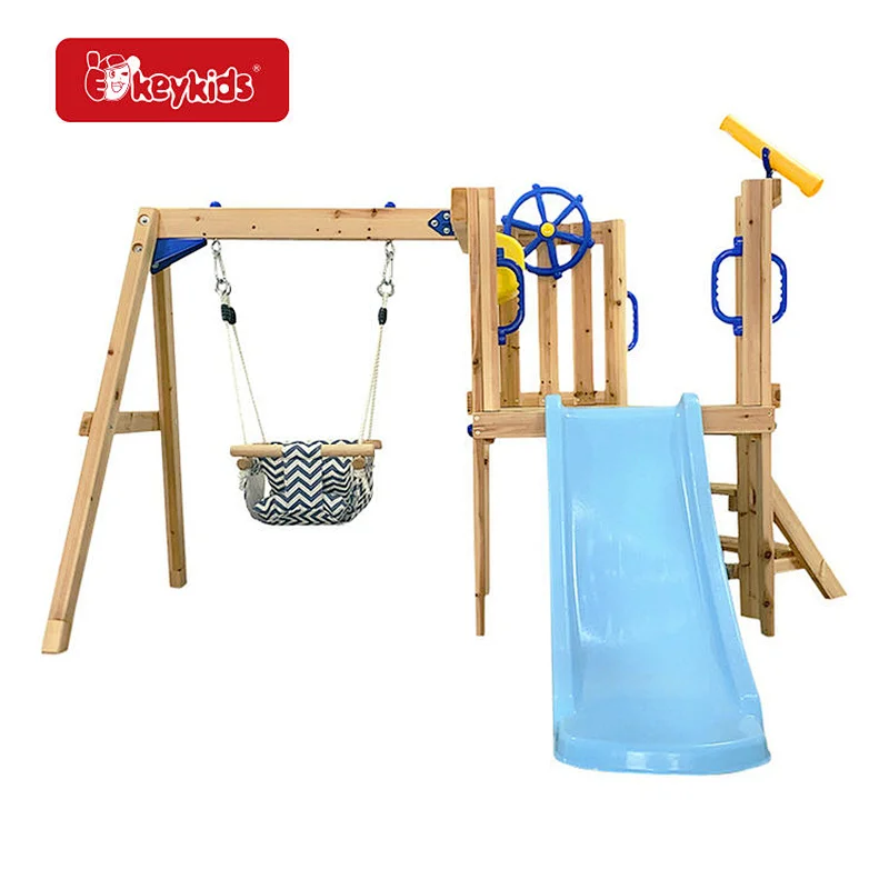 Kids Backyard Playground Equipment 3 in 1 Wooden Swing Set with Slide W01D278